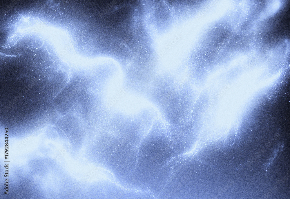 Naklejka premium Abstract blue and white smoky wisps swirl across a dark background with glowing particles, creating a surreal ethereal atmosphere for tech, science, and creative projects