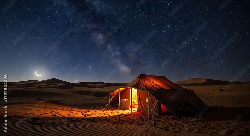 Fototapeta premium Illuminated desert tent under a starry night sky with the milky way galaxy