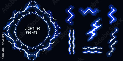 Collection of blue lightning bolt elements and a circular lightning frame with text