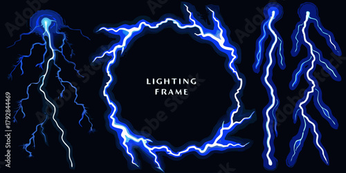 Collection of electric blue lightning bolts and a circular lightning frame on a dark background