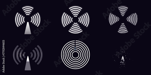 Collection of stylized signal transmission icons representing broadcasting and wireless communication in various abstract forms