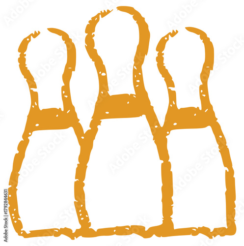 Hand-drawn orange crayon bowling pins vector illustration. Sketchy bowling icon for sport, recreation, game, leisure, competition, and fun activity concepts.
