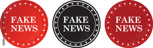 Fake News Circular Labels in Red and Black for Information Caution