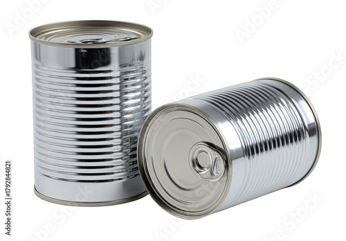 Two shiny silver metal food cans, one upright and one lying on its side