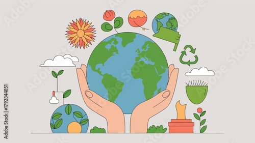Hands cradle planet Earth with nature and recycling symbols