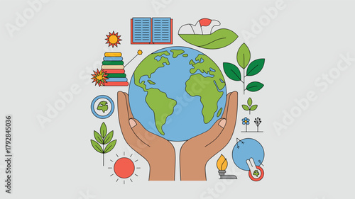 Hands holding planet earth surrounded by nature and learning icons