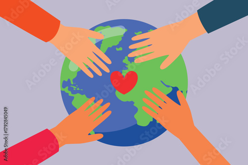 community with concept of hands and love for the earth. community concept. colored flat vector illustration isolated