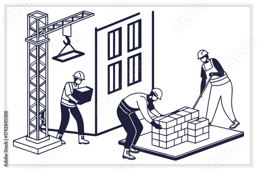 Building and Construction Industry Illustration Set Workers, Tools, and Architecture Vectors
