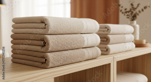 Luxurious Stack of Soft Beige Cotton Towels on Light Wooden Shelves
A close-up, warm-toned image featuring two neat stacks of plush, folded cotton bath towels in a neutral, earthy beige or sand color