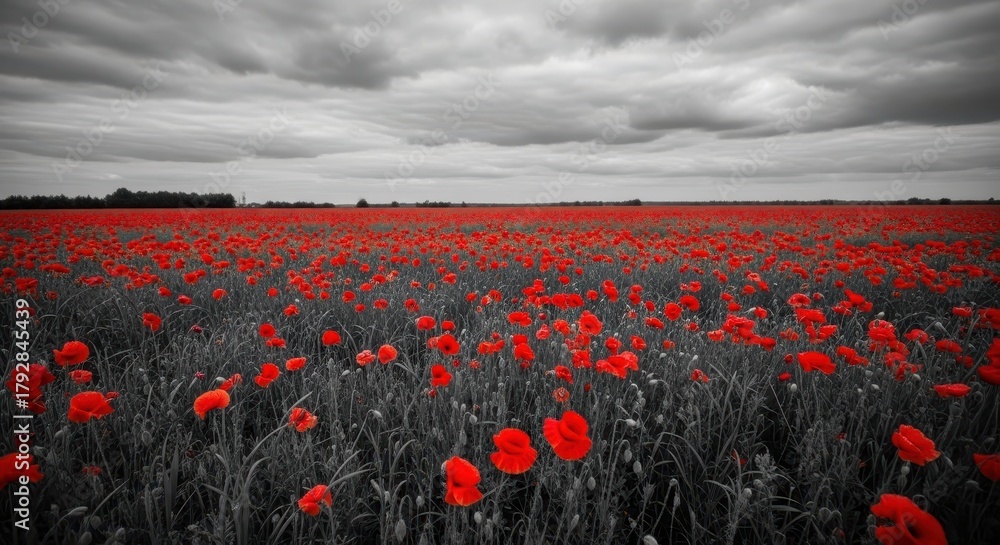 Obraz premium Blooming Red Poppies Field, Plants, Nature, Landscape, Wide-Angle, Overcast Sky, Outdoor Concept