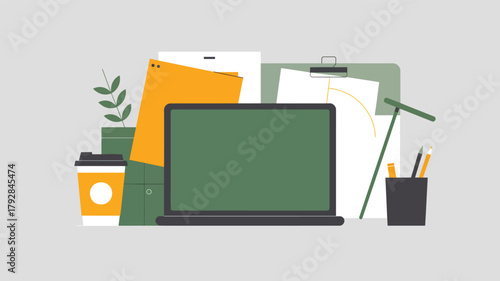 Flat design desk setup with laptop coffee and plant