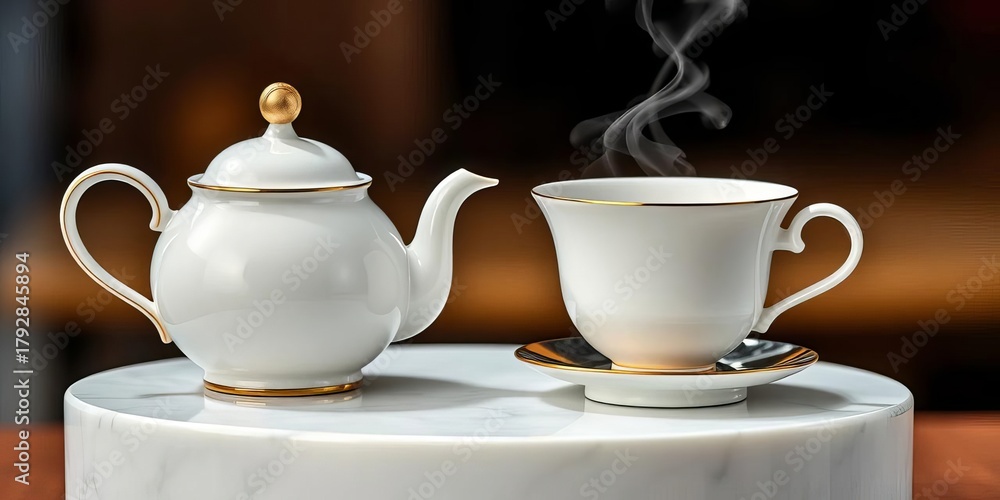 Fototapeta premium Elegant porcelain teapot, steaming teacup on raised platform, infusion, white
