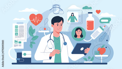 Doctor with tablet and medical icons flat illustration