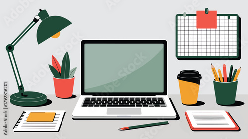 Desk with laptop plant coffee cup and calendar vector