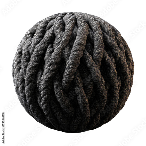 Textured sphere of intricately woven dark gray ropes, dark background, material