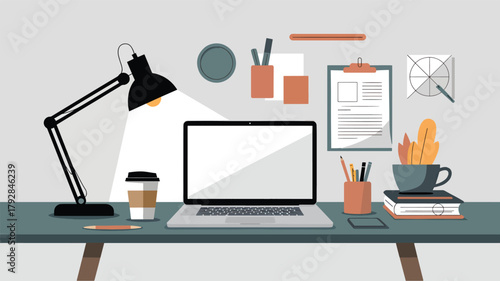 Desk with laptop coffee cup lamp and plant illustration