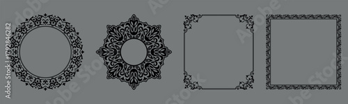 Set of decorative frames Elegant vector element for design in Eastern style, place for text. Floral black and gray borders. Lace illustration for invitations and greeting cards