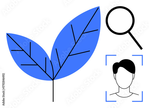 Blue leaf represents nature, magnifying glass emphasizes research, human face with recognition frame illustrates technology. Ideal for ecology, artificial intelligence, biometrics, innovation