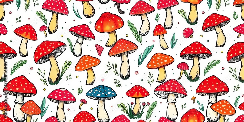 Whimsical seamless pattern of vibrant, hand-drawn mushrooms on a doodle background,  autumn,  doodle