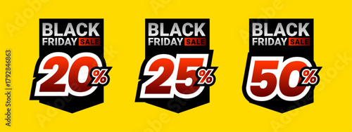 Set of black friday discount label vector illustration, sale banner for promotional 10% off, 20% off, 25% off special offer tag sticker design element	