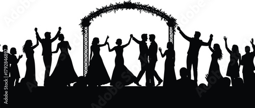 Wedding celebration silhouette, dancing couples under floral arch, festive party crowd, joyful event, romantic bride groom dance, unity happiness illustration