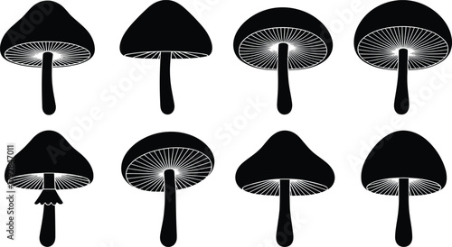 Stylized mushroom silhouettes set, eight gill-detailed fungi illustrations, black and white icons, varied caps and stems, frilled ring detail, flavector
