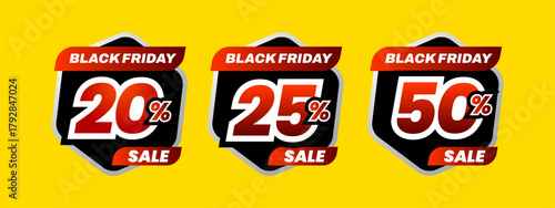 Set of black friday discount label vector illustration, sale banner for promotional 20% off, 25% off, 50% off special offer tag sticker design element	