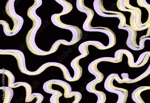 Abstract wavy line pattern with glowing lavender and pale yellow curved ribbons on a dark background, a decorative dynamic texture ideal for modern graphic design and backgrounds
