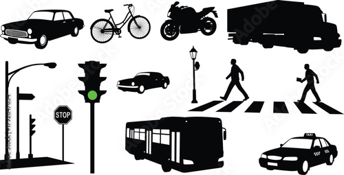 Urban traffic silhouettes, transportation vector, road safety icons, vehicle set, pedestrian scene, black design, city mobility, minimal layout, signage elements, motion study