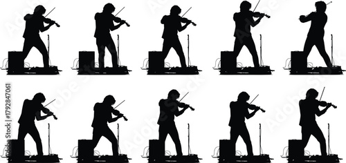 Violinist silhouette performing on stage, dynamic musician poses, concert energy, live music art, amplifier setup, microphone stand, flavector series
