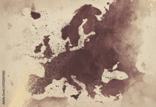 Fototapeta Naklejka Na Ścianę i Meble -  Vintage sepia world map texture focusing on Europe, with aged paper background and distressed grain, ideal for historical design, travel storytelling, and editorial layouts.