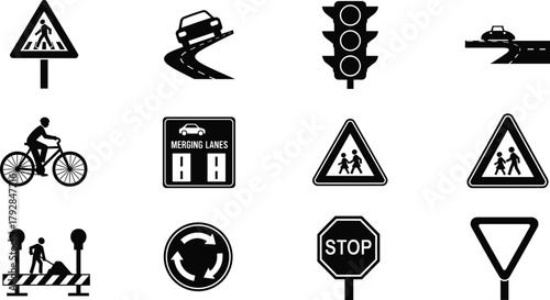 traffic signs, road signs, warning, safety, pedestrian, school zone, stop, yield, construction, roundabout, merging, bicycle, slippery, crosswalk, regulation, urban, transport, symbol, signage, caut