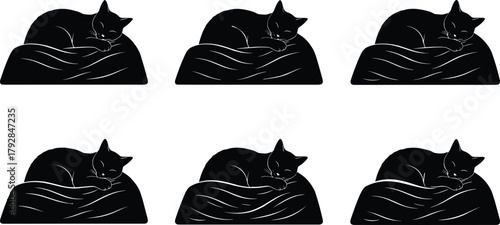 Sleeping cat silhouettes, curled feline, cozy cushion, black vector, relaxed pet, minimal design, peaceful animal, nap pose, stylized artwork, symmetry layout