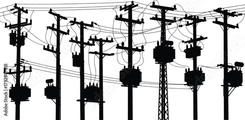 Utility pole silhouettes, electrical transformers, power lines, grid infrastructure, voltage system, energy network, industrial layout, urban distribution – flavector