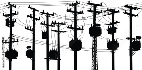 Utility pole silhouettes, electrical transformers, power lines, grid infrastructure, voltage system, energy distribution, industrial design, urban network, silhouette scene – flavector