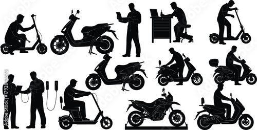 Silhouette people using electric scooters and motorcycles, repair maintenance charging concept, urban mobility technology, flat vector illustration, modern transport lifestyle design