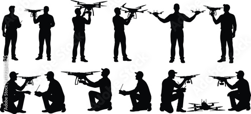 Silhouette people operating drones, remote control piloting, inspection and maintenance concept, modern technology usage, flat vector illustration, aviation hobby, minimal design