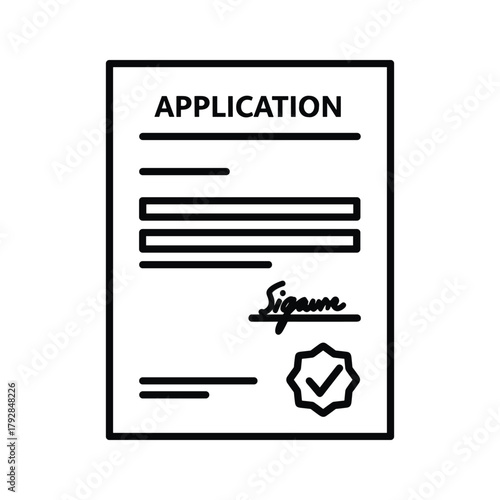 Document with the word application, signature line, and checkmark