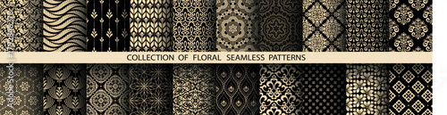 Geometric floral set of seamless patterns. Golden and black vector backgrounds. Damask graphic ornaments