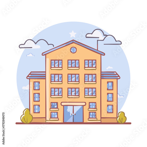 Stylized building with multiple windows and trees under a cloudy sky.