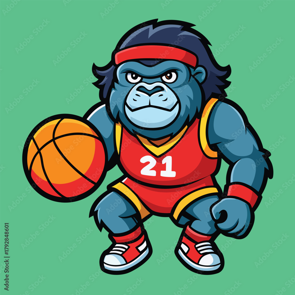 Obraz premium Cartoon gorilla basketball player mascot character with a ball
