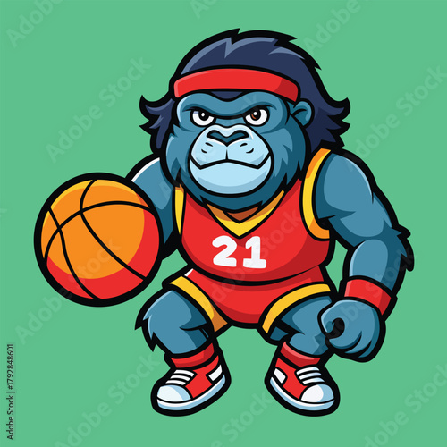 Cartoon gorilla basketball player mascot character with a ball