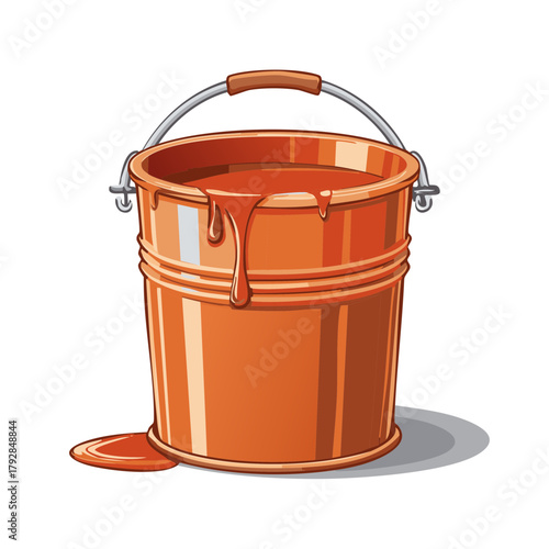 Orange paint bucket illustration with dripping paint and spilled puddle on the ground.