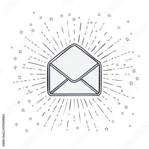 Open envelope with starburst and small stars graphic element