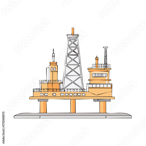 Hand drawn cartoon illustration of an offshore oil drilling rig energy platform