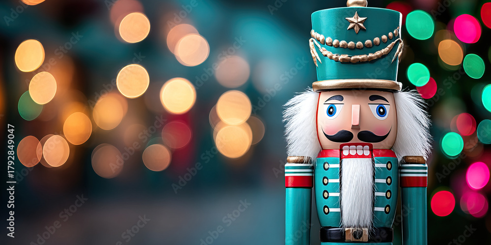 Obraz premium Nutcracker toy soldier with teal uniform, white beard, mustache, decorative hat, festive bokeh lights, holiday decoration, close up smiling face