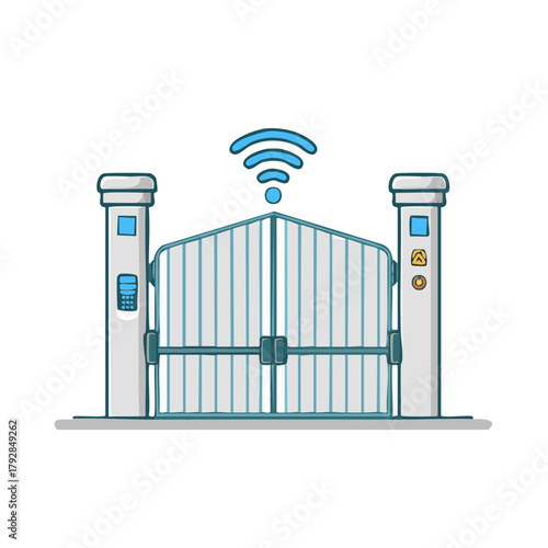 Smart home access control with wireless connection symbol. Security gate, fence illustration.