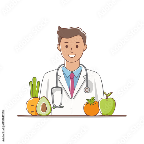 Dietitian doctor with stethoscope and healthy food carrots avocado tomato apple