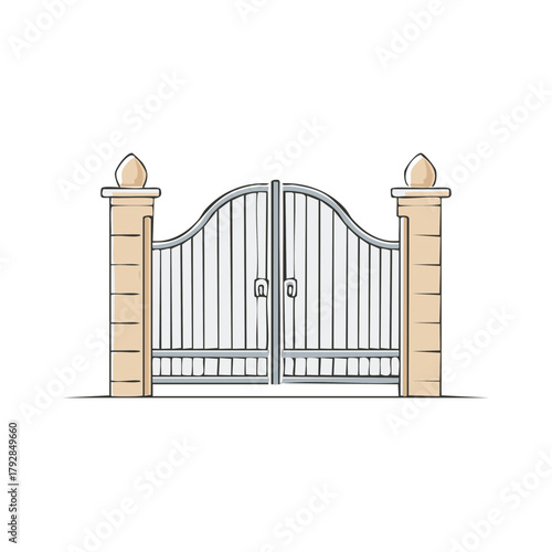 Hand-drawn cartoon illustration of a closed decorative iron gate with stone pillars, entrance barrier artwork