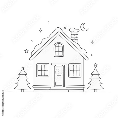 Cozy winter house with snow capped roof and decorated trees under a crescent moon